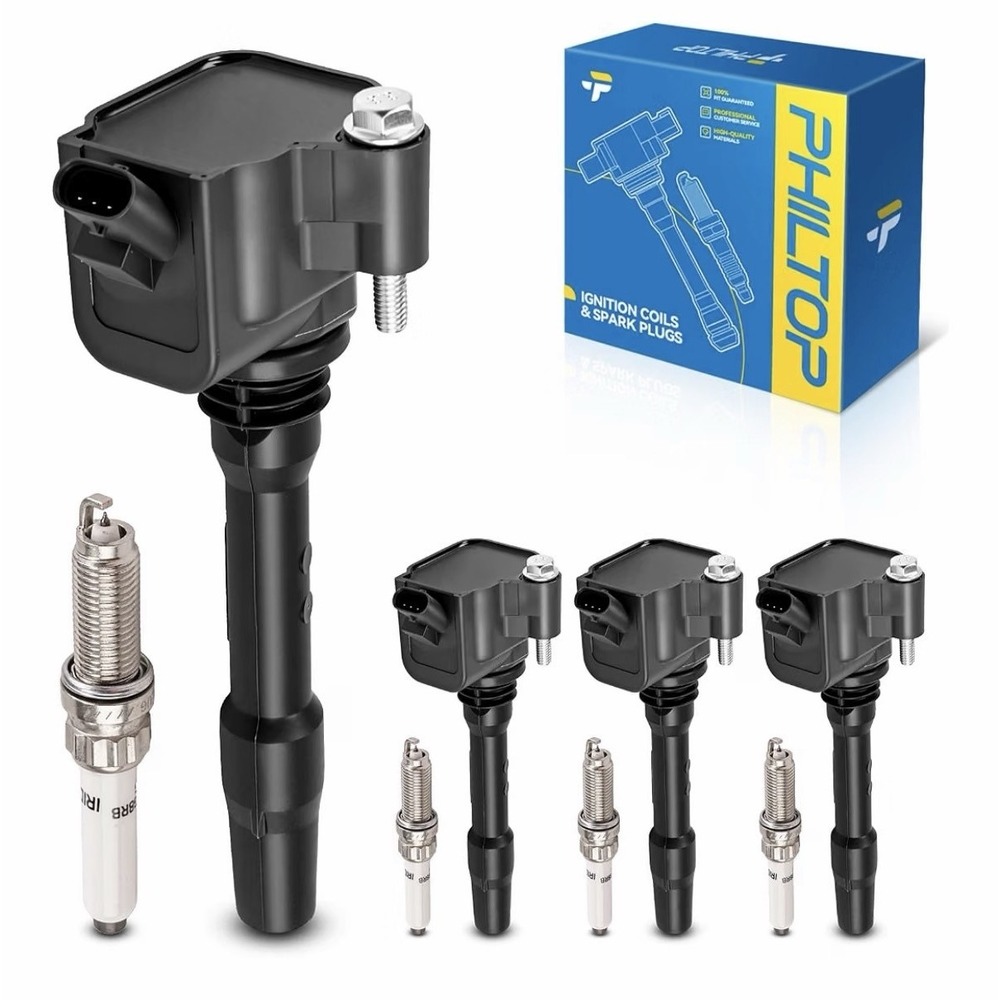 PHILTOP Ignition Coils & Spark Plugs 4 Pack 3-Pin Black Engine Set Iridium Kit